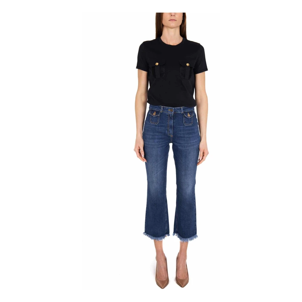 Elisabetta Franchi Blauwe Cropped Flare Jeans Met Franje Zoom Blue Dames