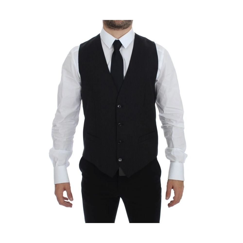 Dolce & Gabbana , Waistcoats, Male, Black, M, Elegant Black Striped Wool Dress Vest