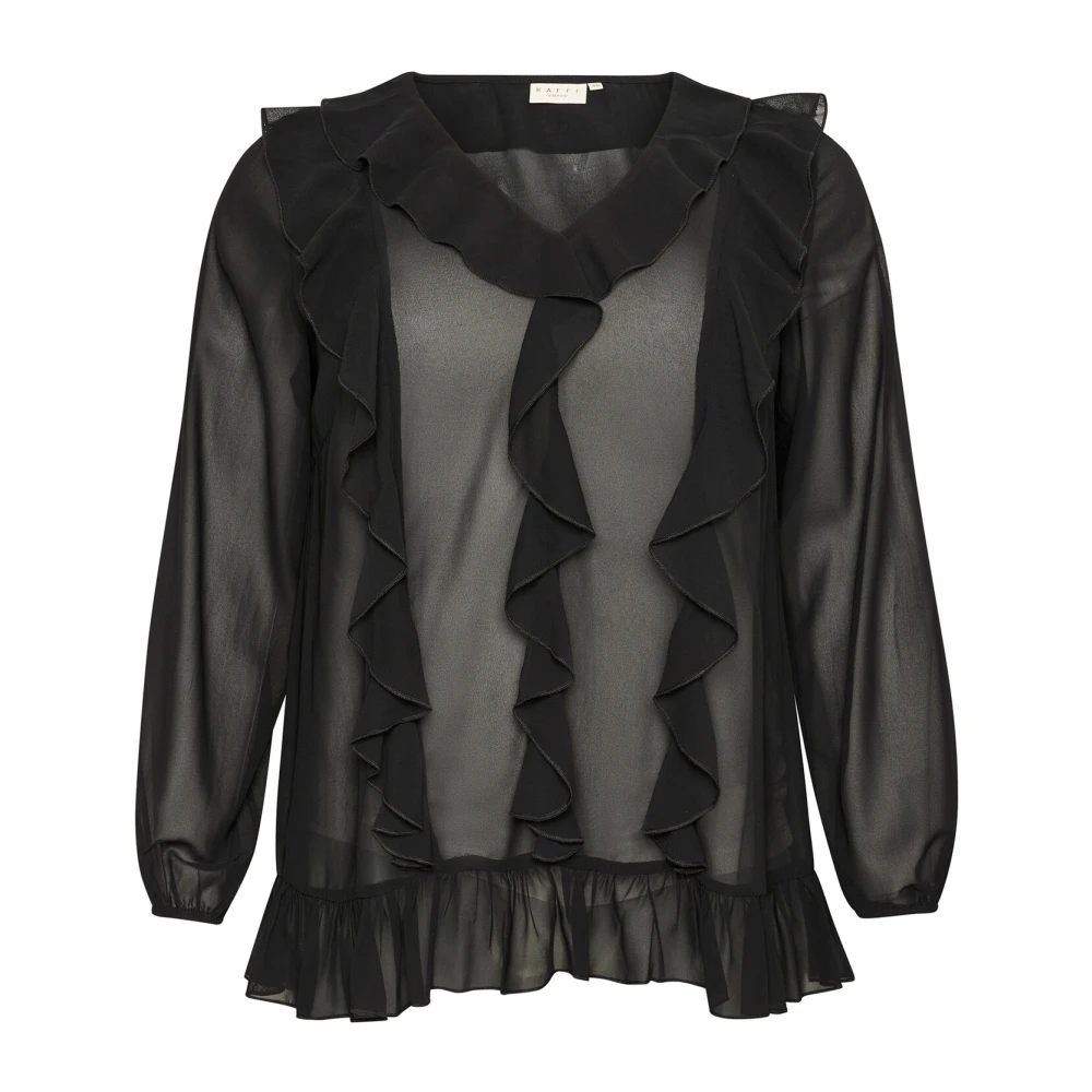 Kaffe Curve Elegante zwarte diepe blouse met ruche Black Dames