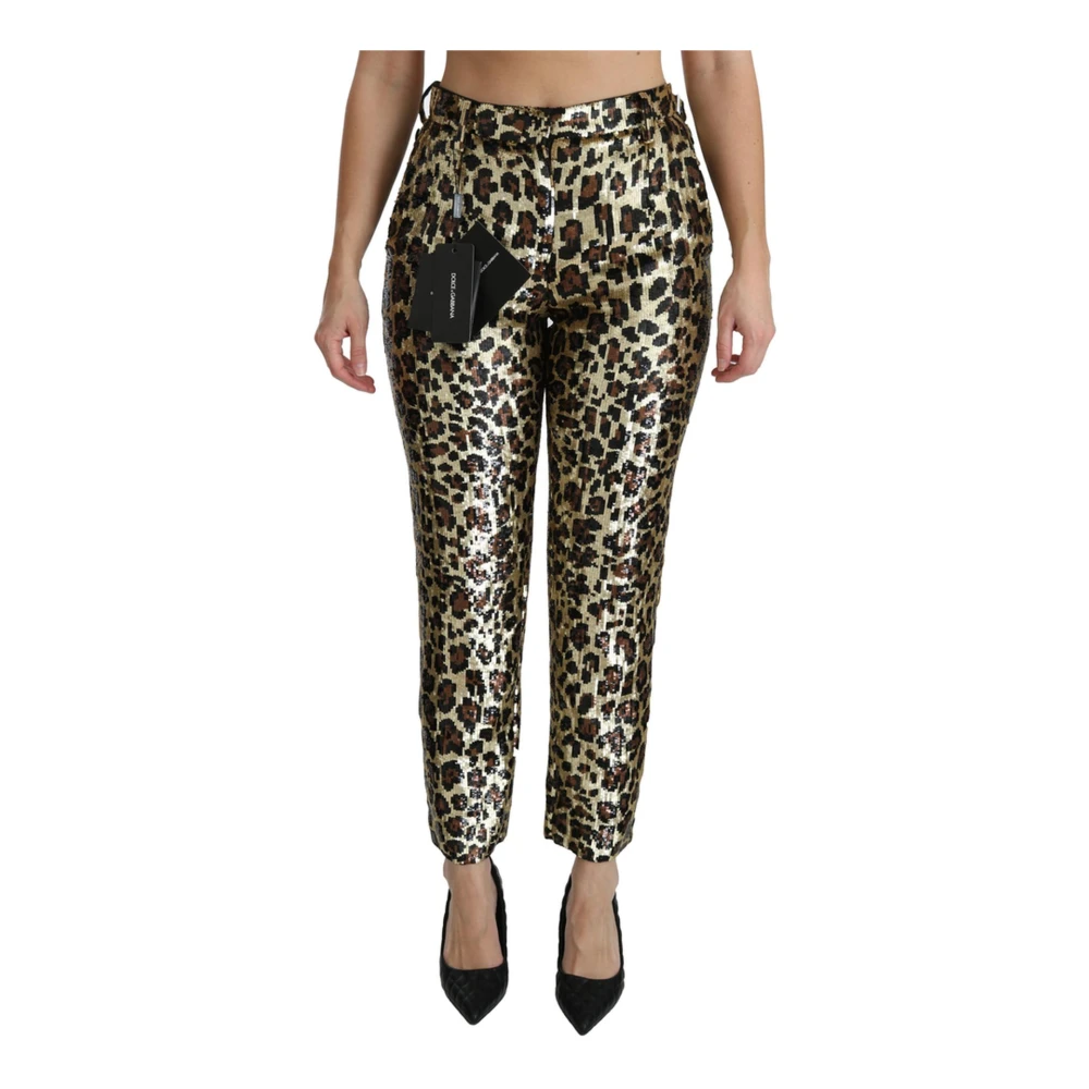 Dolce & Gabbana Women's Yellow Straight Trousers, L, Leopard Sequined High Waist Trousers