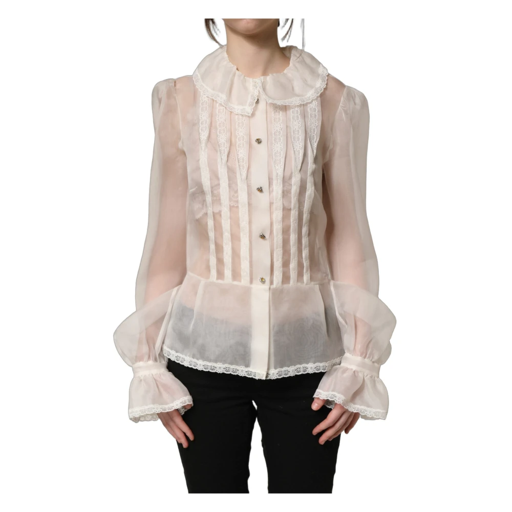 Dolce & Gabbana Women's White Ruffled Sheer Silk Buttoned Blouse - Blouses - Xs - Blouses & Shirts
