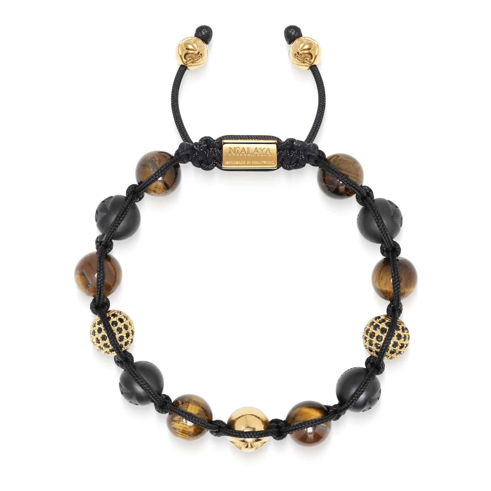 Nialaya Men's Black/Gold Beaded Bracelet With Matte Ceramic Beads, Tiger Eye, & Cz Balls