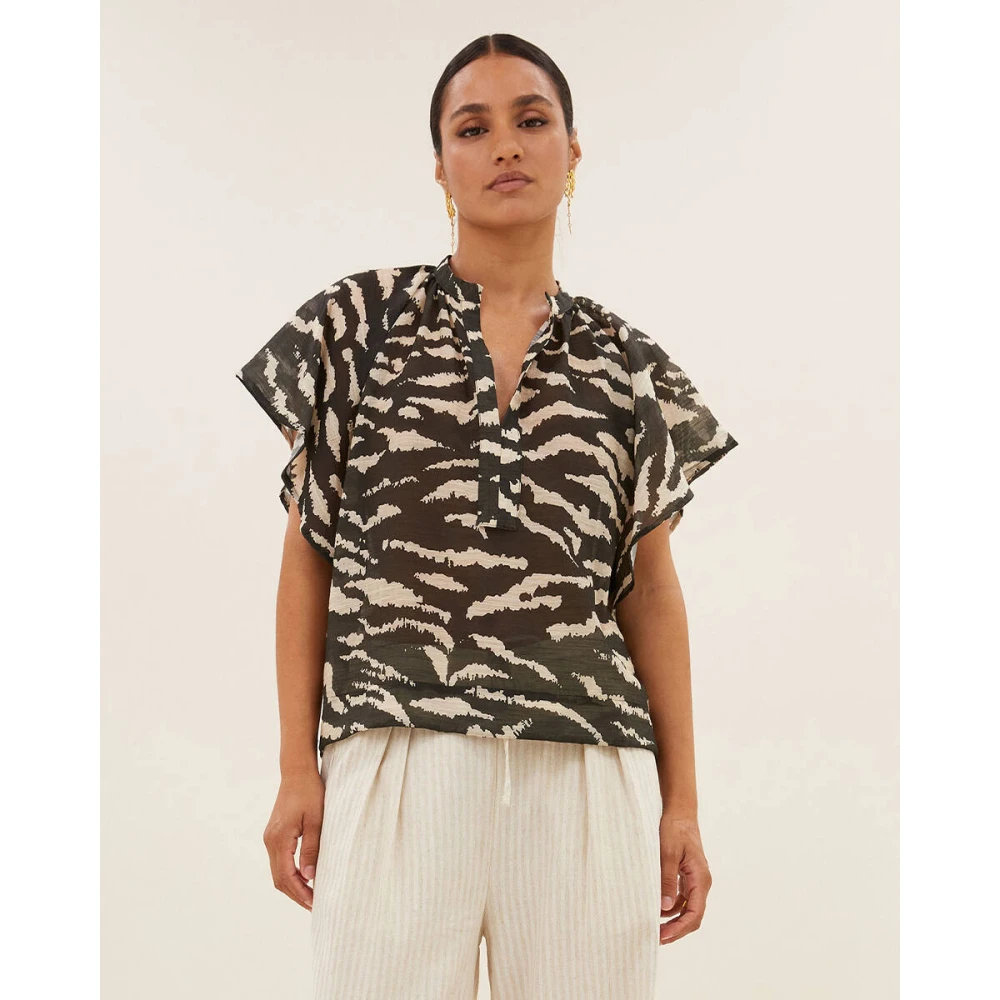 By-Bar Zebra Blouse Korte Mouw Vina Black Dames