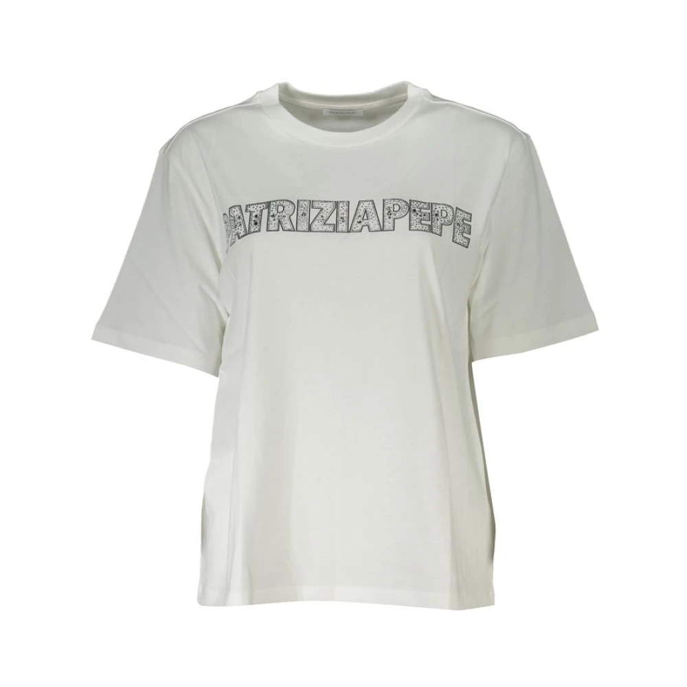 Patrizia Pepe Women's White T-Shirts, Xs, Elegant Rhinestone Crew Neck T-Shirt