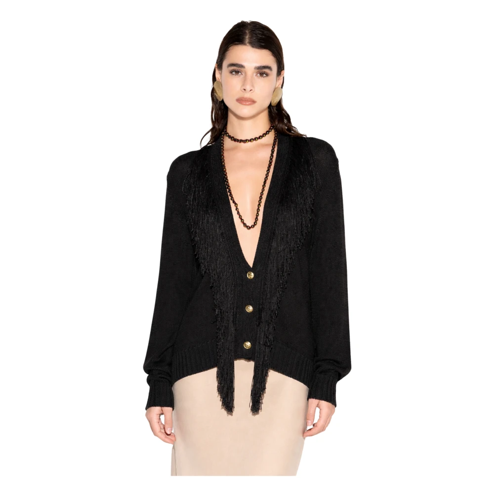 Akep Women's Black Cardigans, S, Deep V-Neck Fringe Cardigan