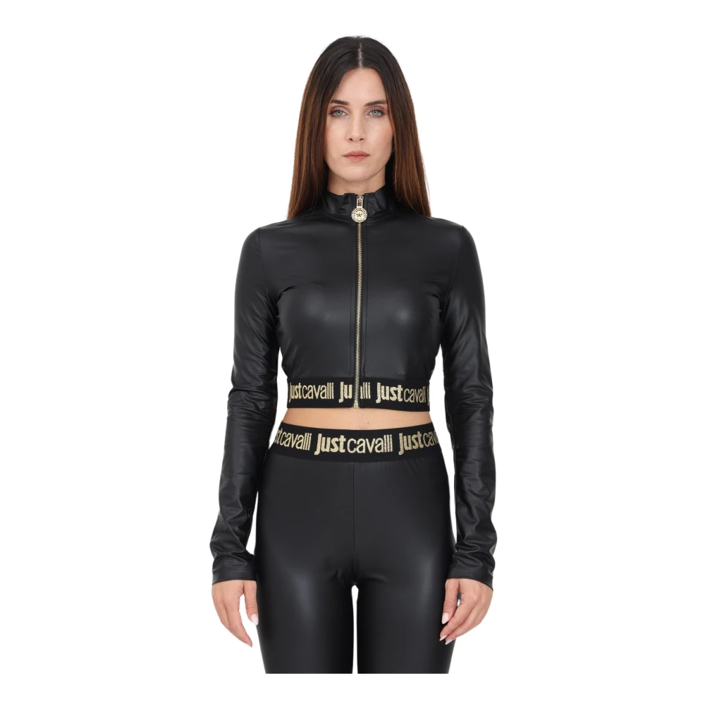 Just Cavalli Zwarte korte jas met logo afwerking Black Dames