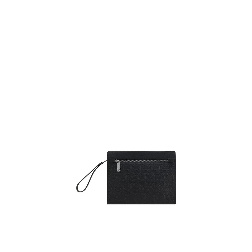 Salvatore Ferragamo Elegante Leren Clutch met Gancini Textuur Black Heren