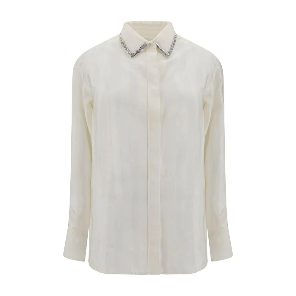 Golden Goose Gestreepte satijnen shirt met strass kraag Beige Dames