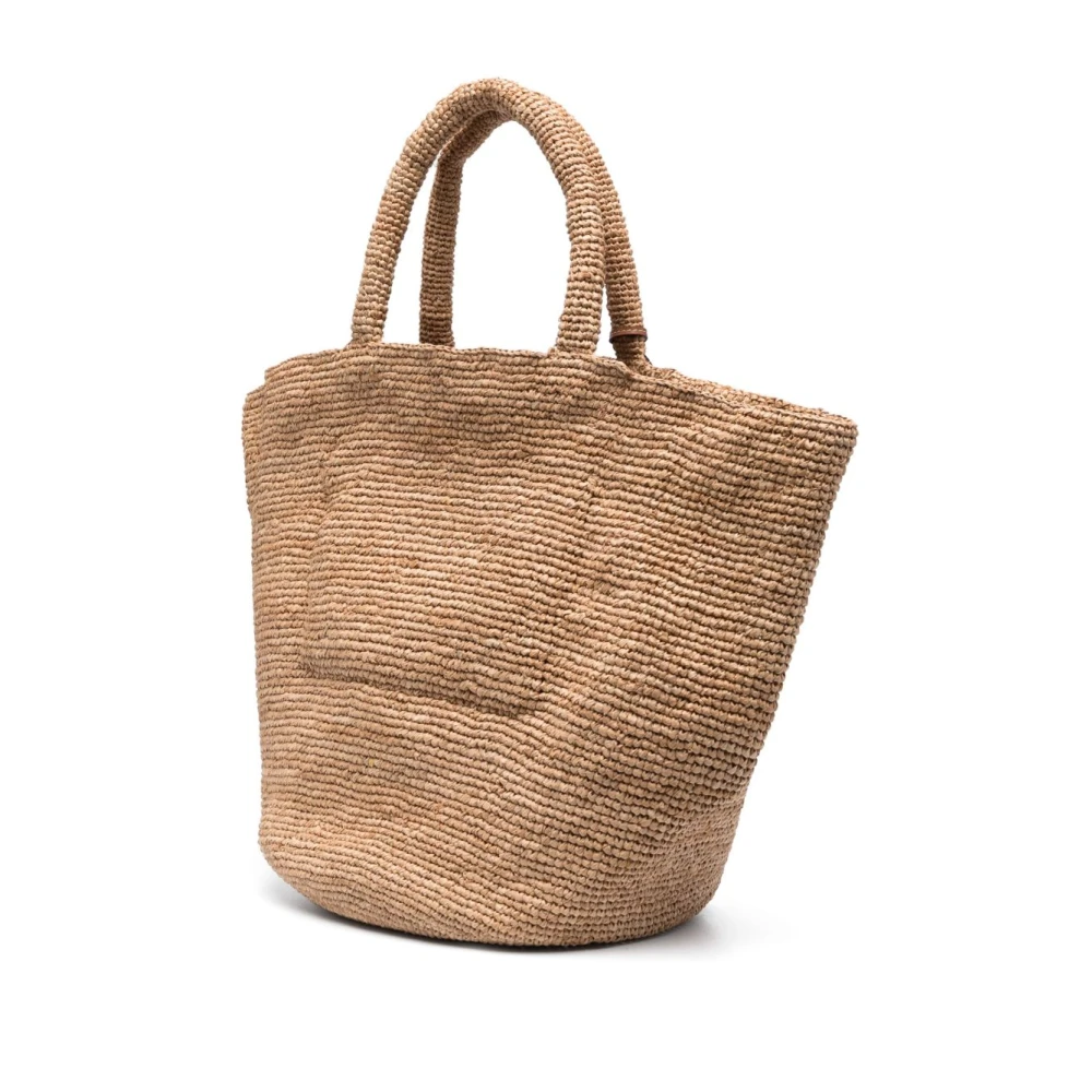 Manebí Beige Raffia Tote Tas met Logo Brown Dames