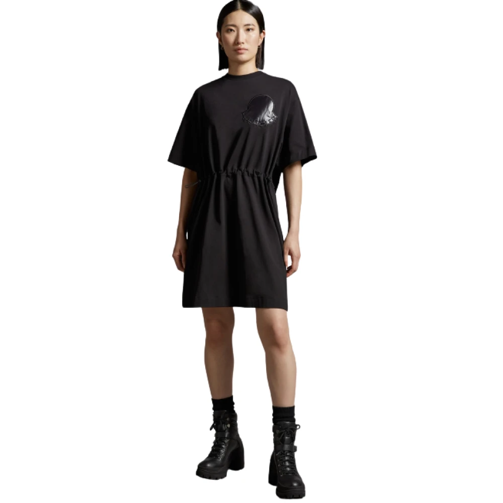 Moncler Oversized Zwarte Katoenen T-Shirt Jurk Black Dames