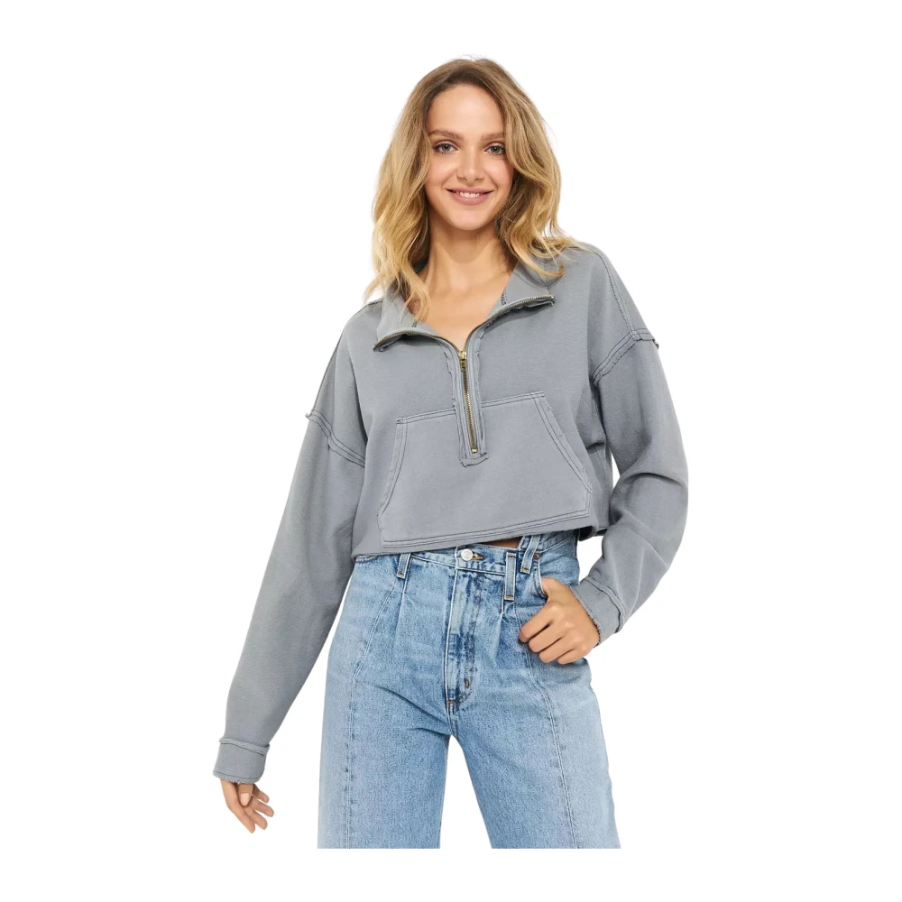 Free People Korte katoenen rits hoodie Blue Dames