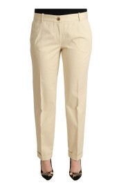 Beige Cotton Stretch Tapered Trousers Pants