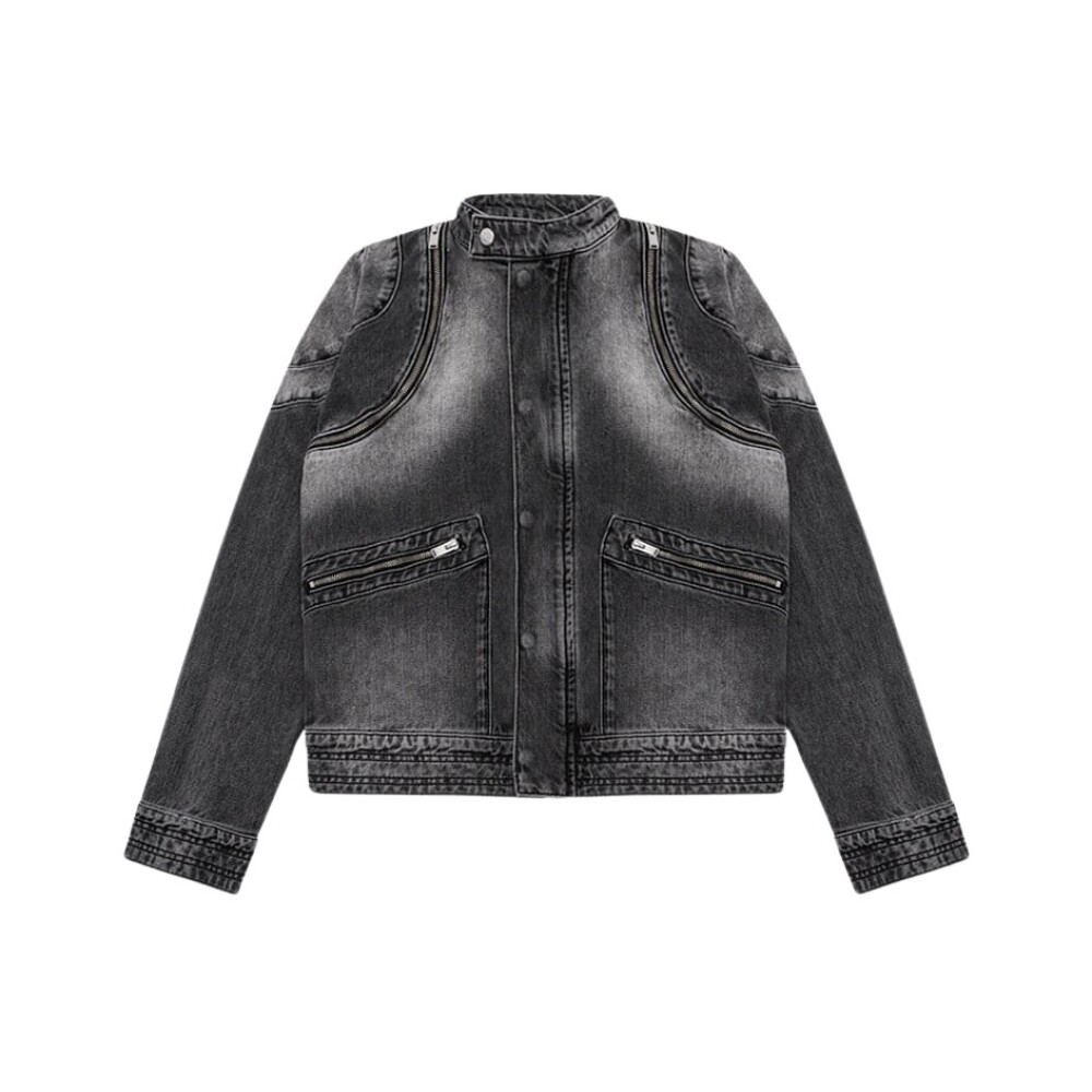 Charcoal Denim Moto Jacket with Zip Details