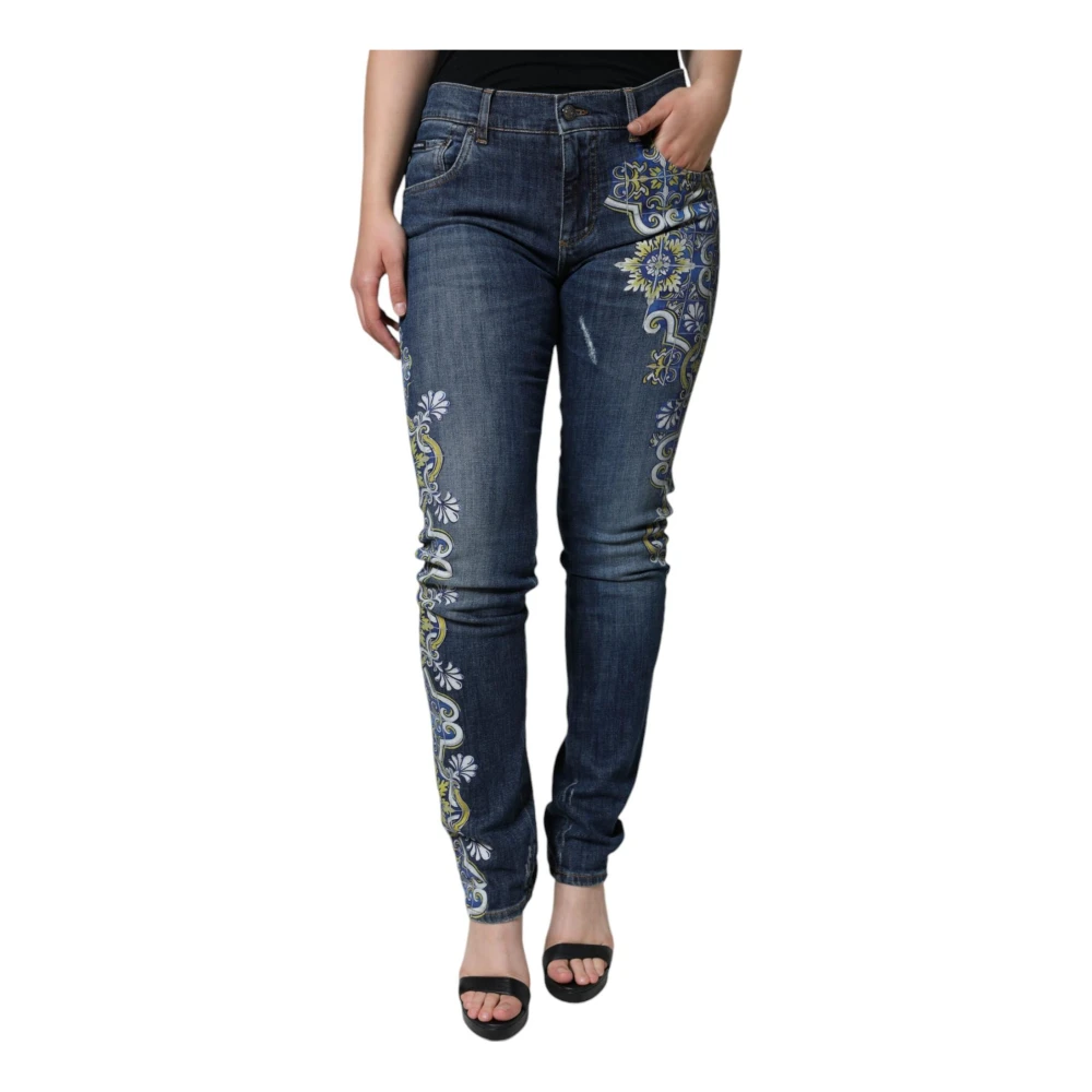 Dolce & Gabbana Bloemen Skinny Denim Jeans Donkerblauw Blue Dames