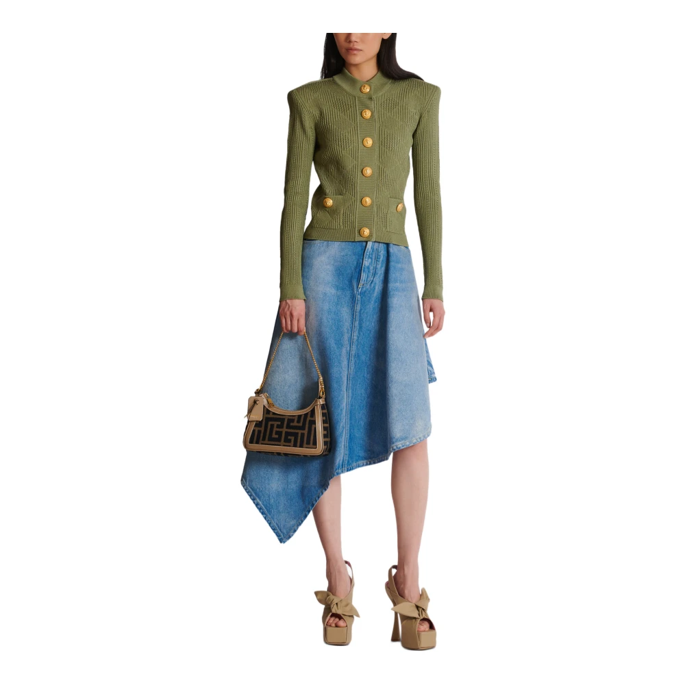 Balmain Gingham Openwork Knit Cardigan Green Dames