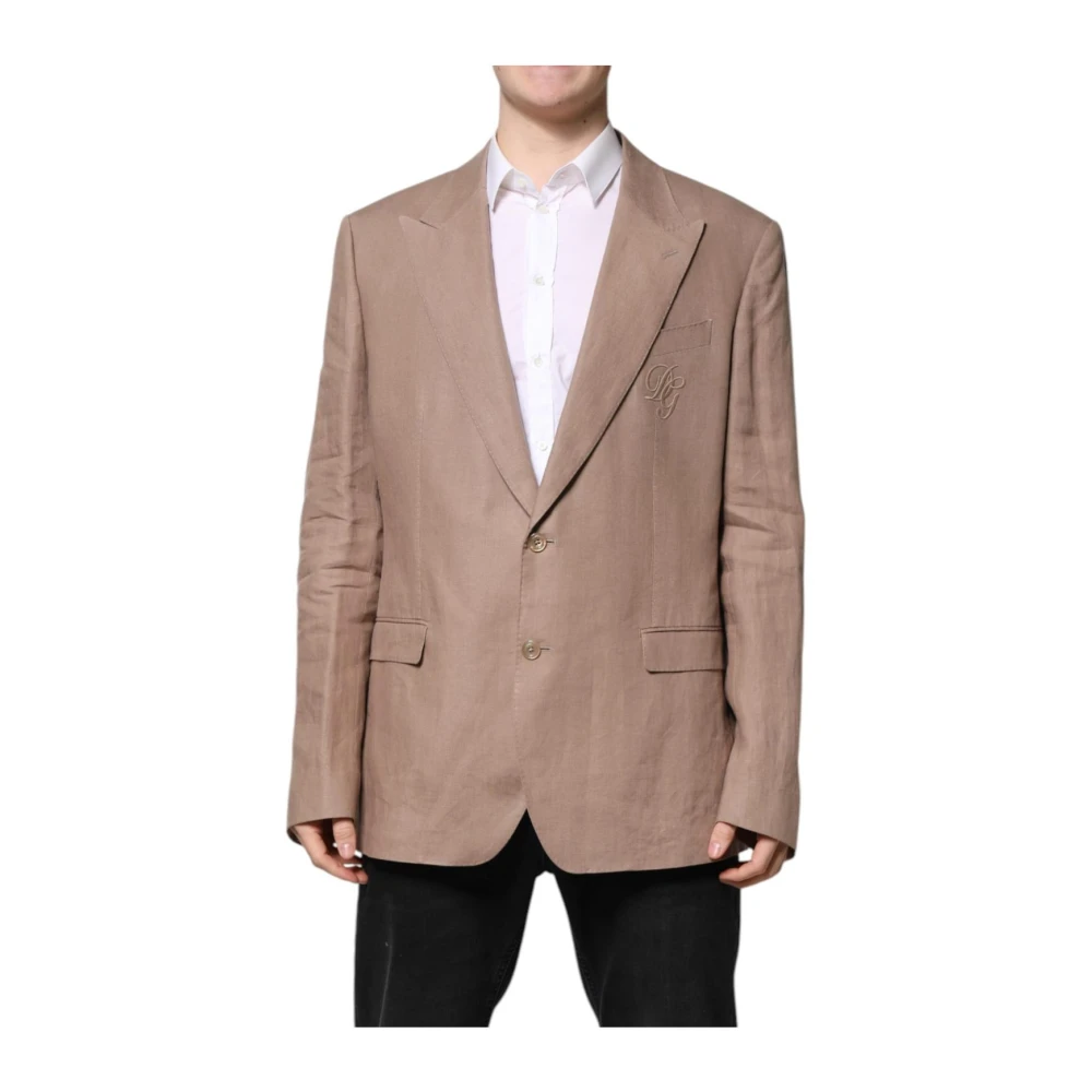 Dolce & Gabbana Men's Brown Beige Linen Embroidered Logo Blazer - Blazers - 4XL - Jackets