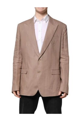 Beige Linneblazer med Broderad Logotyp