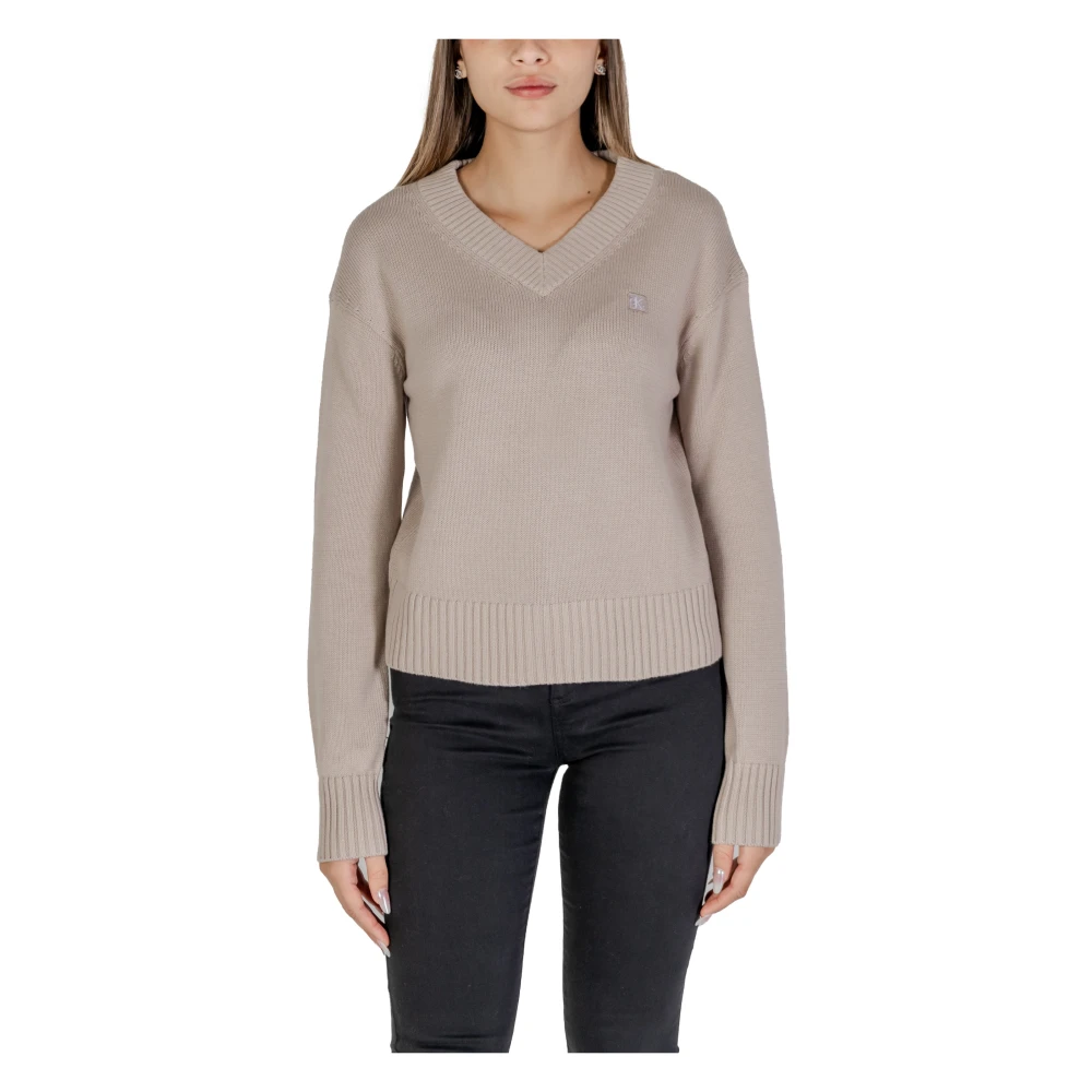 Calvin Klein Jeans Geborduurde V-hals Katoenen Trui Beige Dames