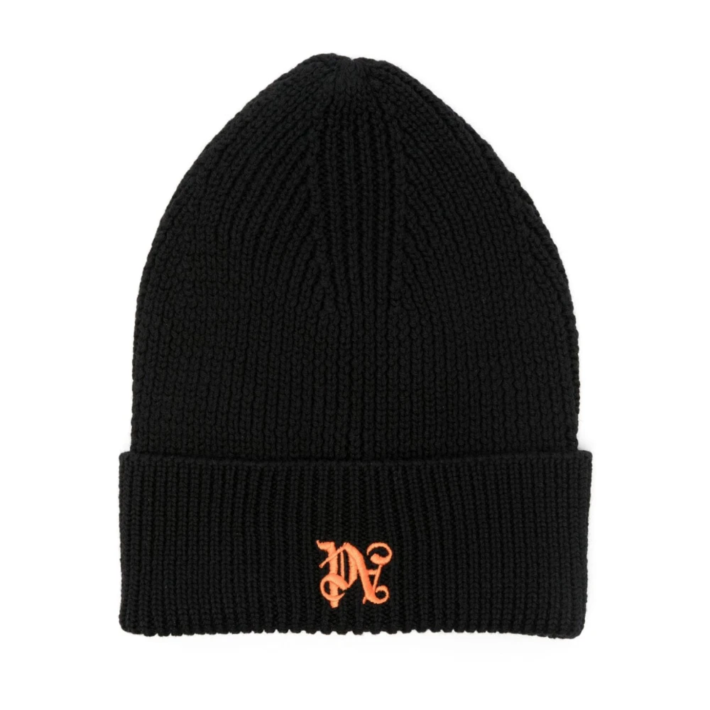 Palm Angels Chunky Ribbed Knit Monogram Mutsen Black Heren