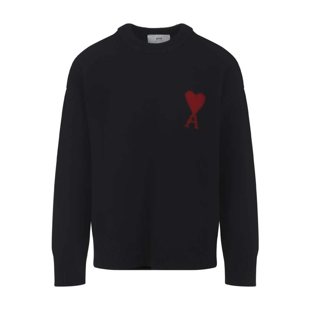 Ami Paris , Round-Neck Knitwear, Male, Black, 2XL, Ami De Coeur Crewneck Jumper