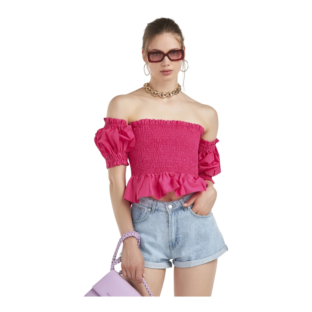 Silvian Heach Donna Rosa Top Con Volant E Spalle Scoperte