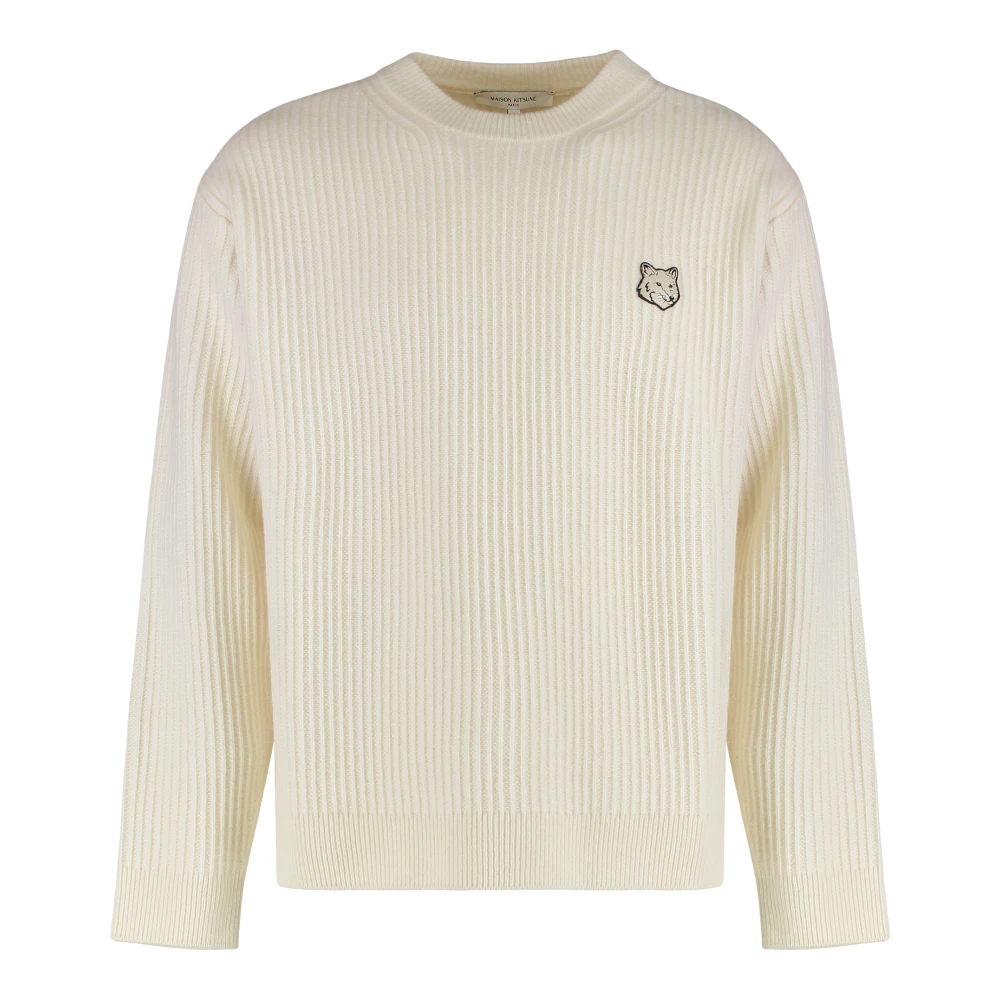 Maison Kitsuné Beige Long Sleeve Ribbed Wool Jumper - Male - Round-Neck Knitwear - M - Knitwear