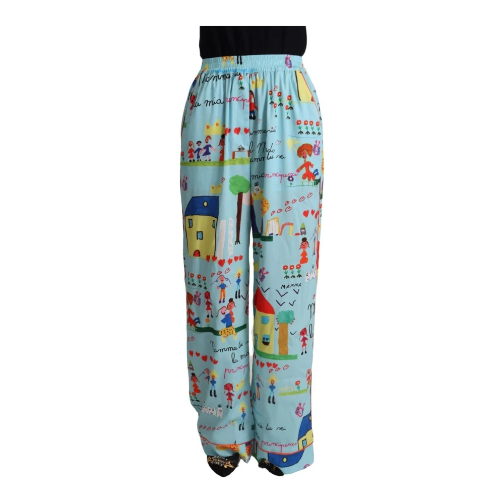Dolce & Gabbana Women's Blue Wide Trousers, Xs, Drawing Mid Waist Wide Leg Trousers