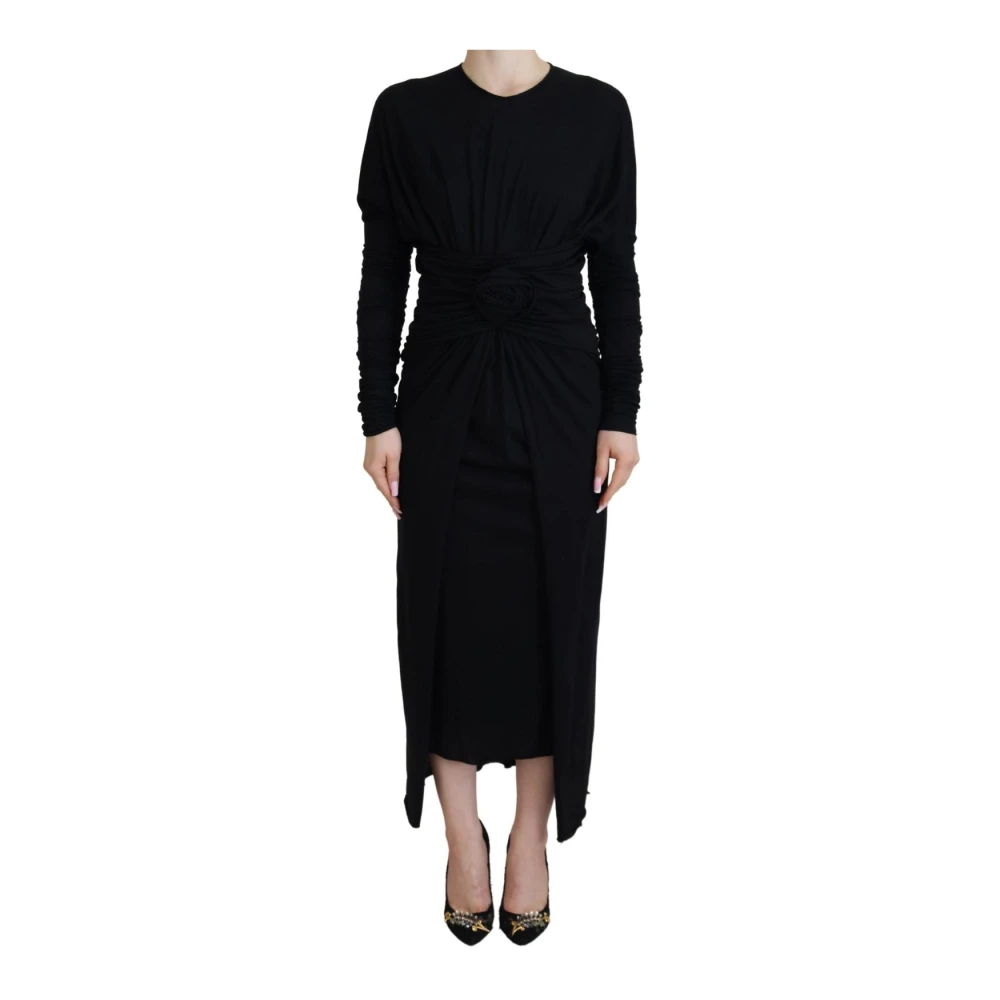 Dolce & Gabbana Women's Black Midi Dresses, Xl, Sheath Long Sleeve Wrap Dress