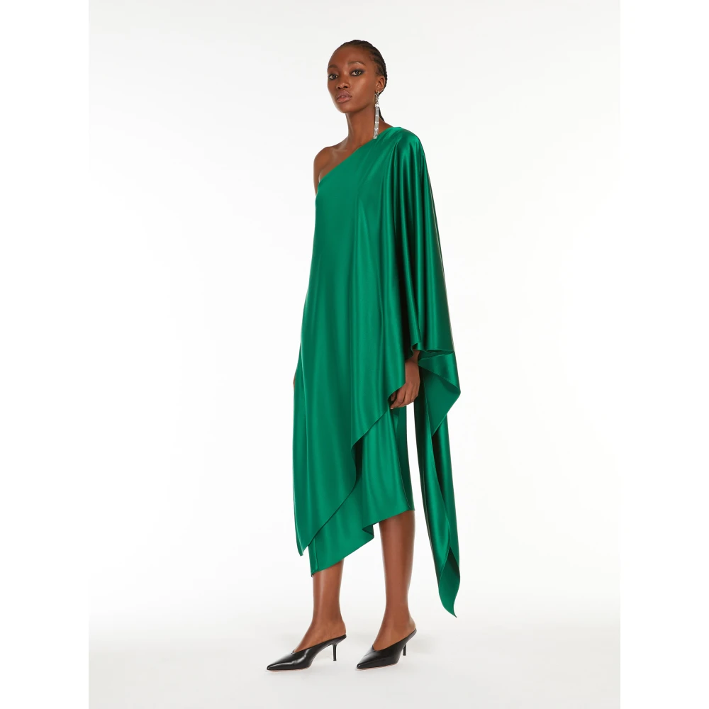 Max Mara Groene One Shoulder Midi Jurk met Mantel Detail Green Dames