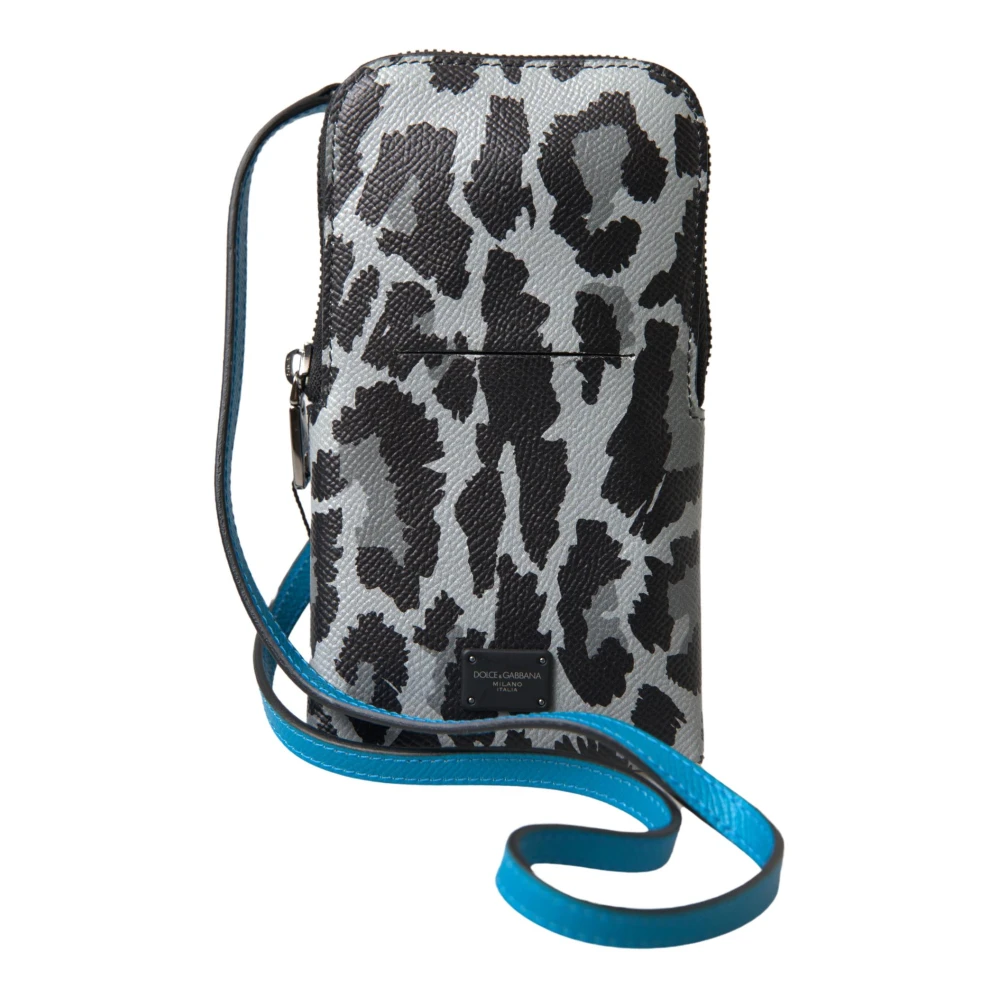 Dolce & Gabbana Men's Gray Leopard Leather Crossbody Phone Bag