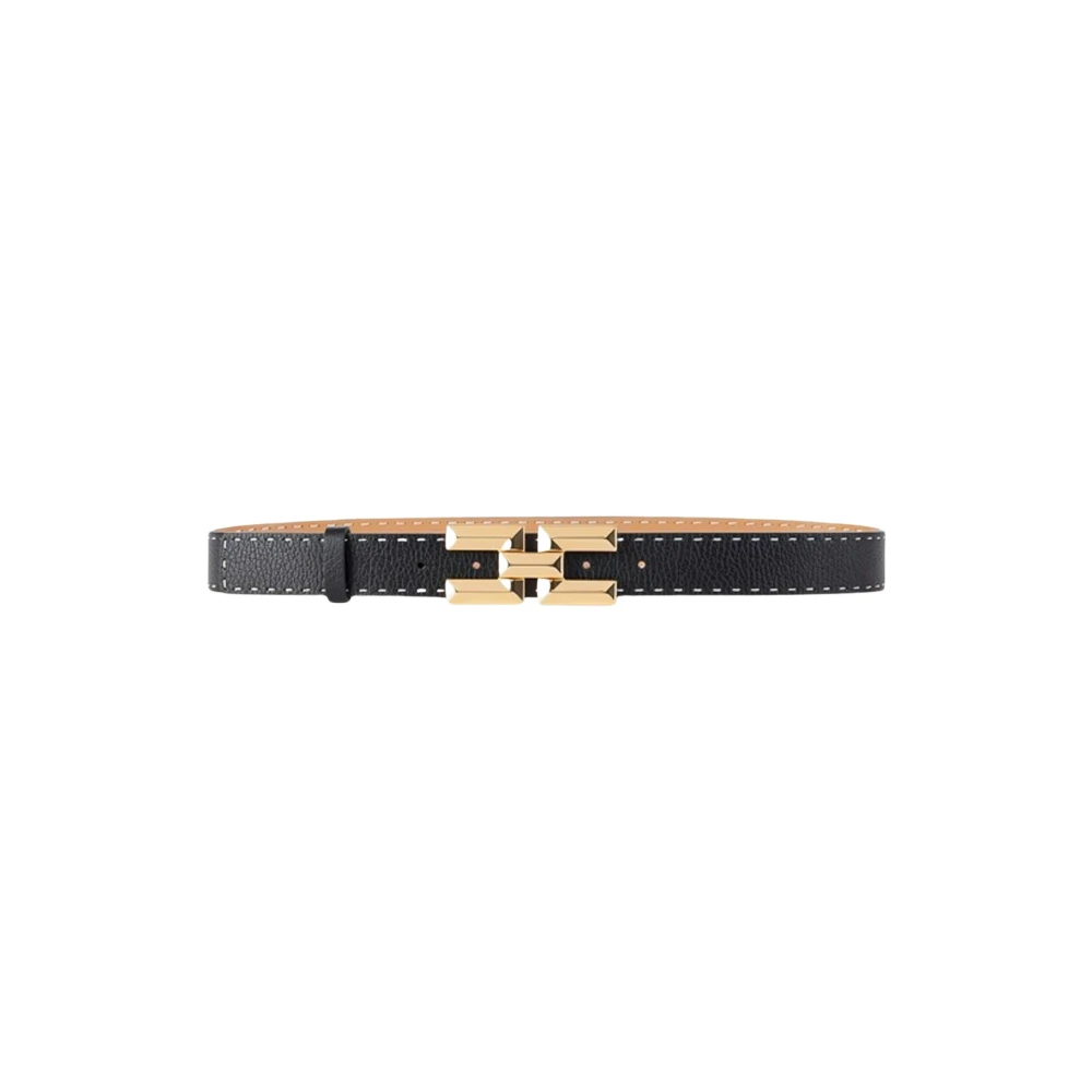 Elisabetta Franchi Zwarte leren hoge taille riem met gouden logogesp Black Dames