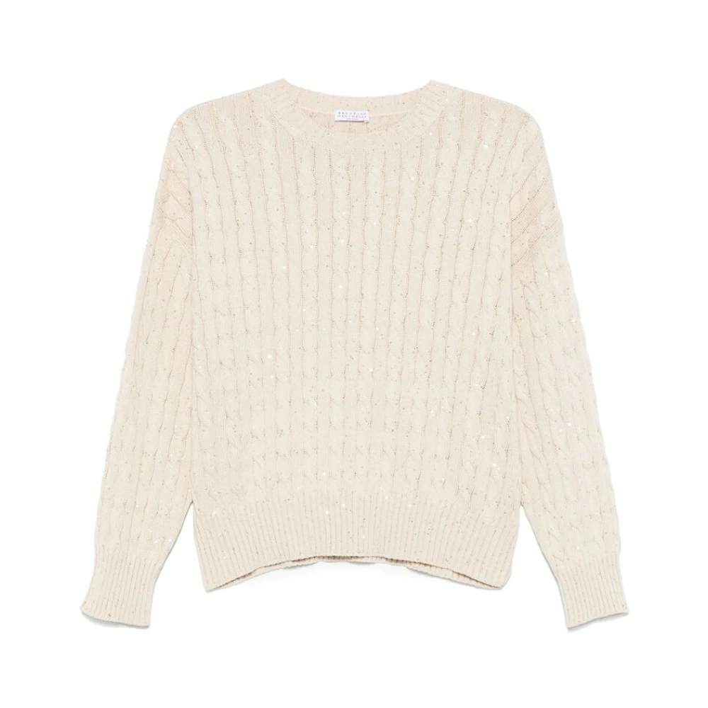 BRUNELLO CUCINELLI Beige Crew Neck Sweater met Lange Mouwen Beige Dames