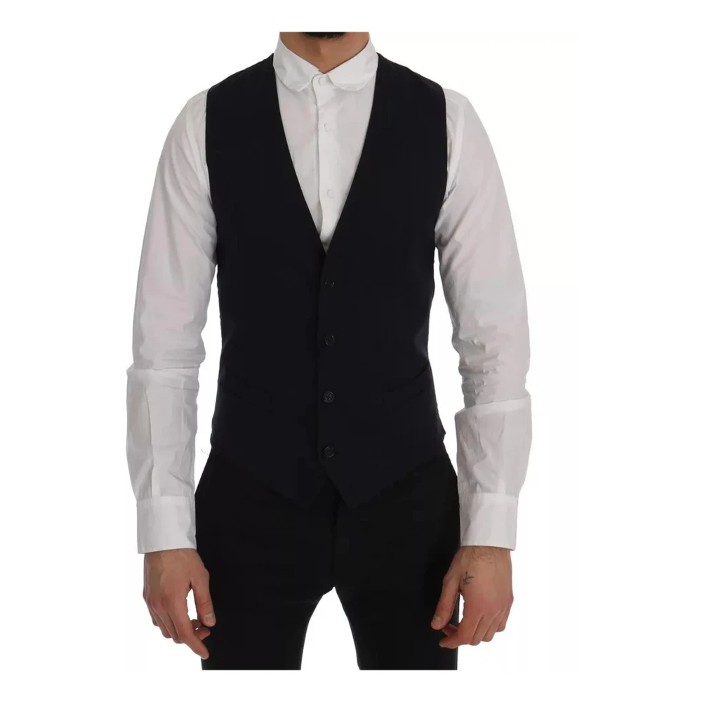 Dolce & Gabbana Men's Blue Suit Vests,, Striped Wool Waistcoat With Strap 2XL