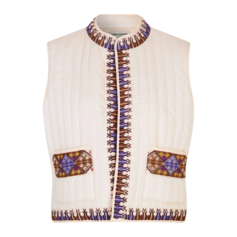 Lollys Laundry Women's Beige Waistcoats, S, Quilted Vest With Embroidered Details