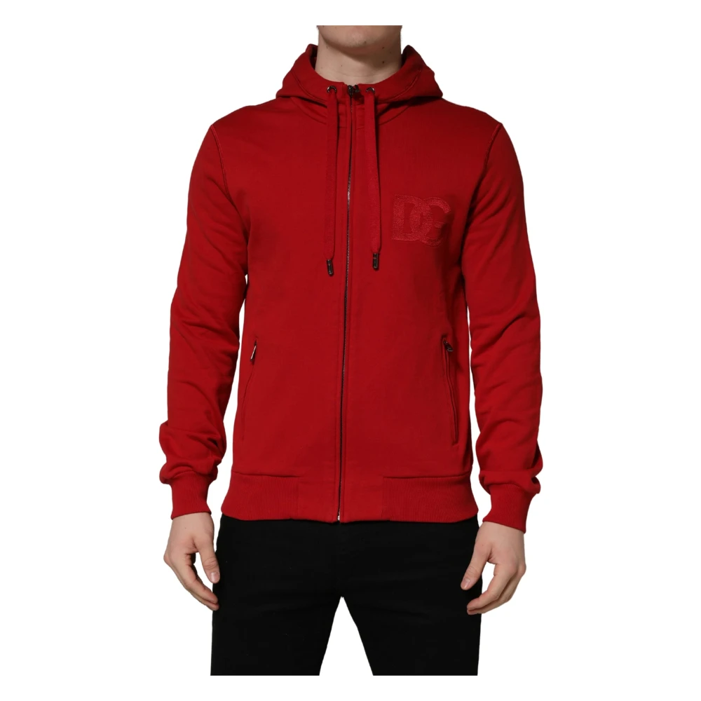 Dolce & Gabbana Red Embroide Logo Hooded Full Zip Jumper - Male - Zip-Throughs - S - Sweatshirts & Hoodies