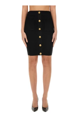 Buttoned Vichy Knit Knee Skirt