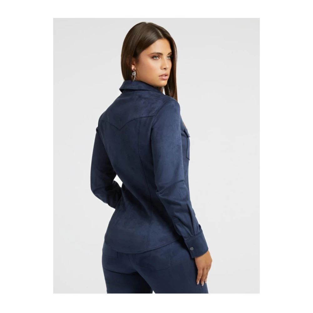 Guess Velours Overhemd Blauw Slim Fit Blue Dames