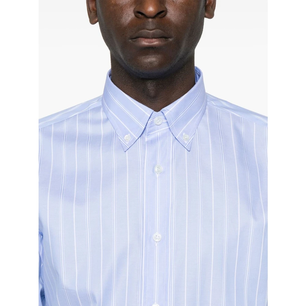 Brioni Gestreept Shirt Lichtblauw Knoopsluiting Lange Mouw Blue Heren