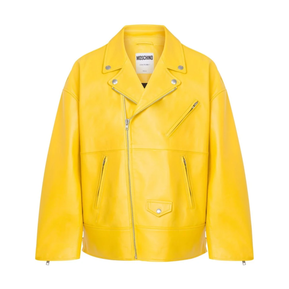 Moschino Smiley Face Print Biker Jack Yellow Heren