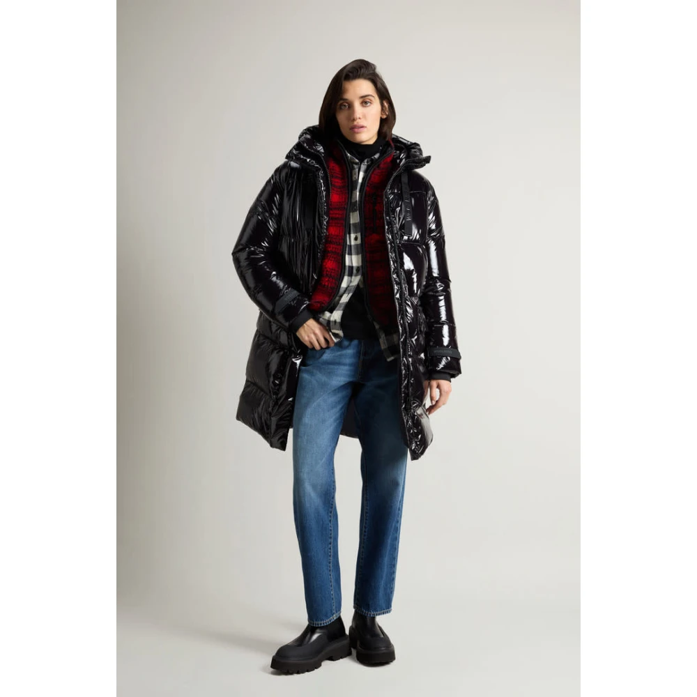 Woolrich Super Glanzende Lange Parka in Zwart Black Dames