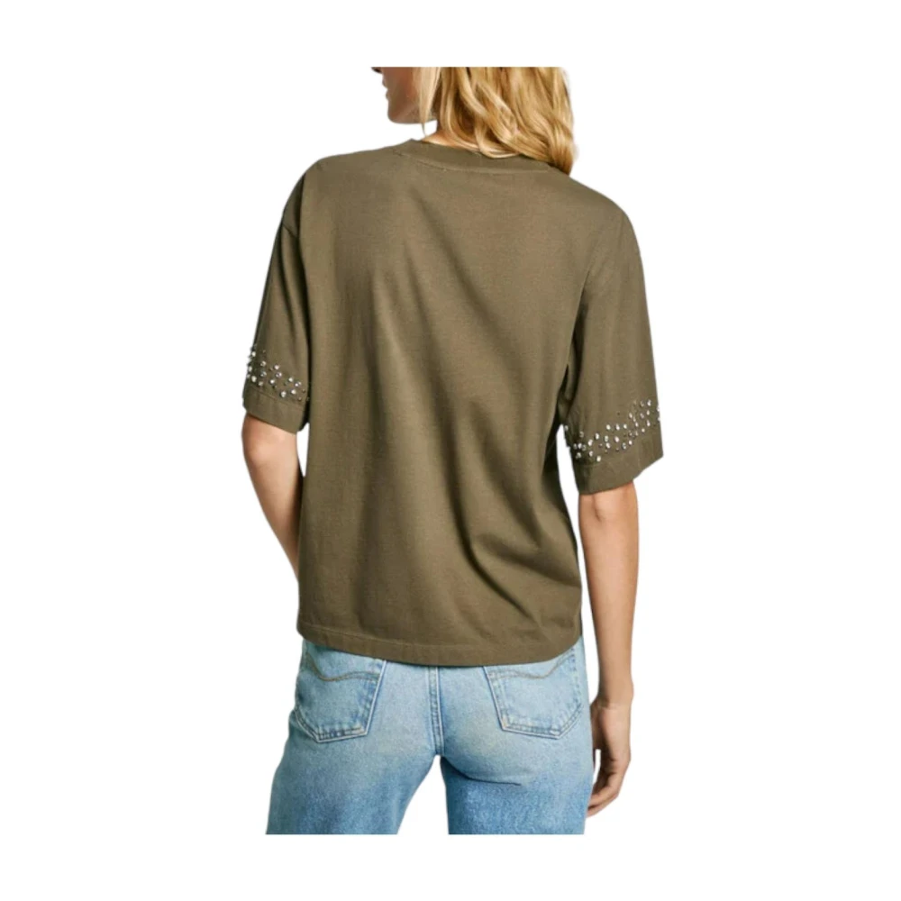 Pepe Jeans Groene gemêleerde T-shirt met strass Green Dames