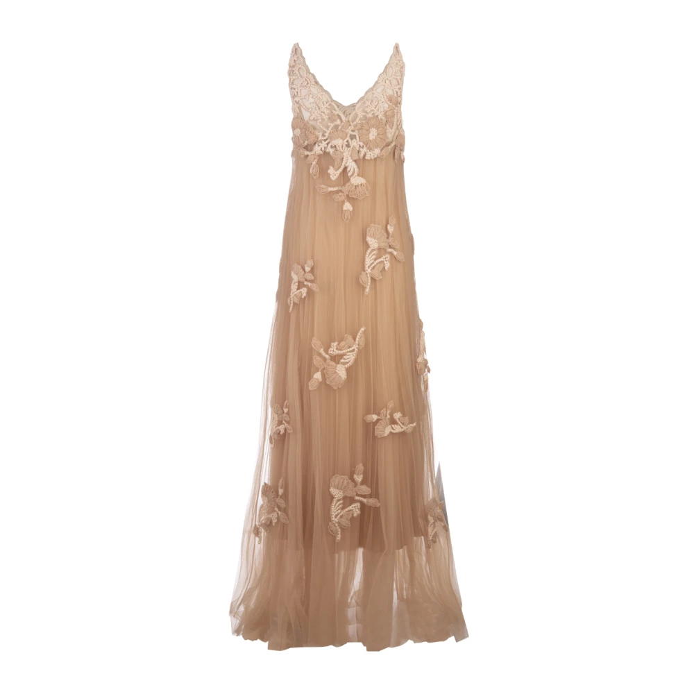 Ermanno Scervino Bruine Bloemenkant Mouwloze Lange Jurk Brown Dames