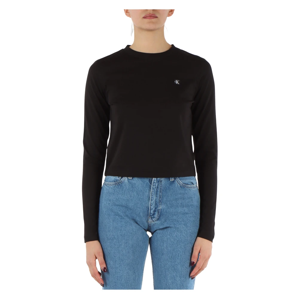 Calvin Klein Jeans T-shirt met Lange Mouwen en Logo Patch Black Dames