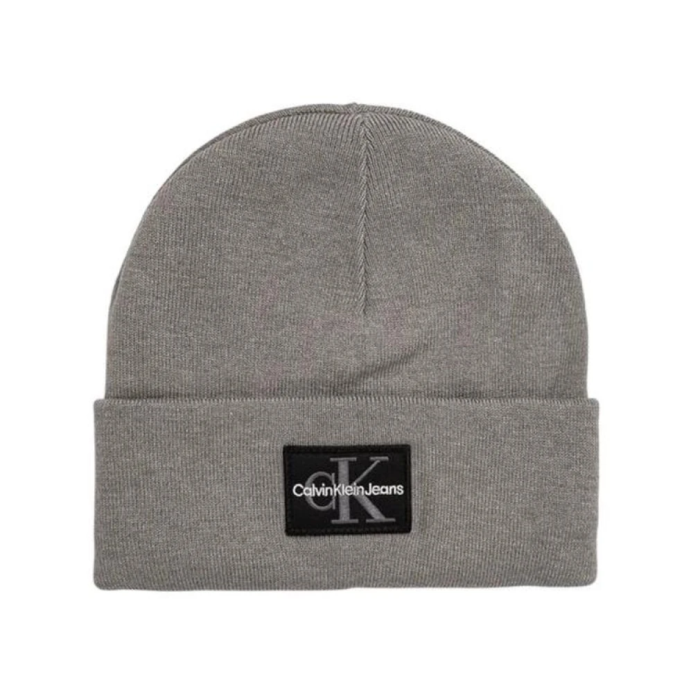 Calvin Klein Jeans Logo Patch Beanie Varm Bomullsblandning Gray, Herr