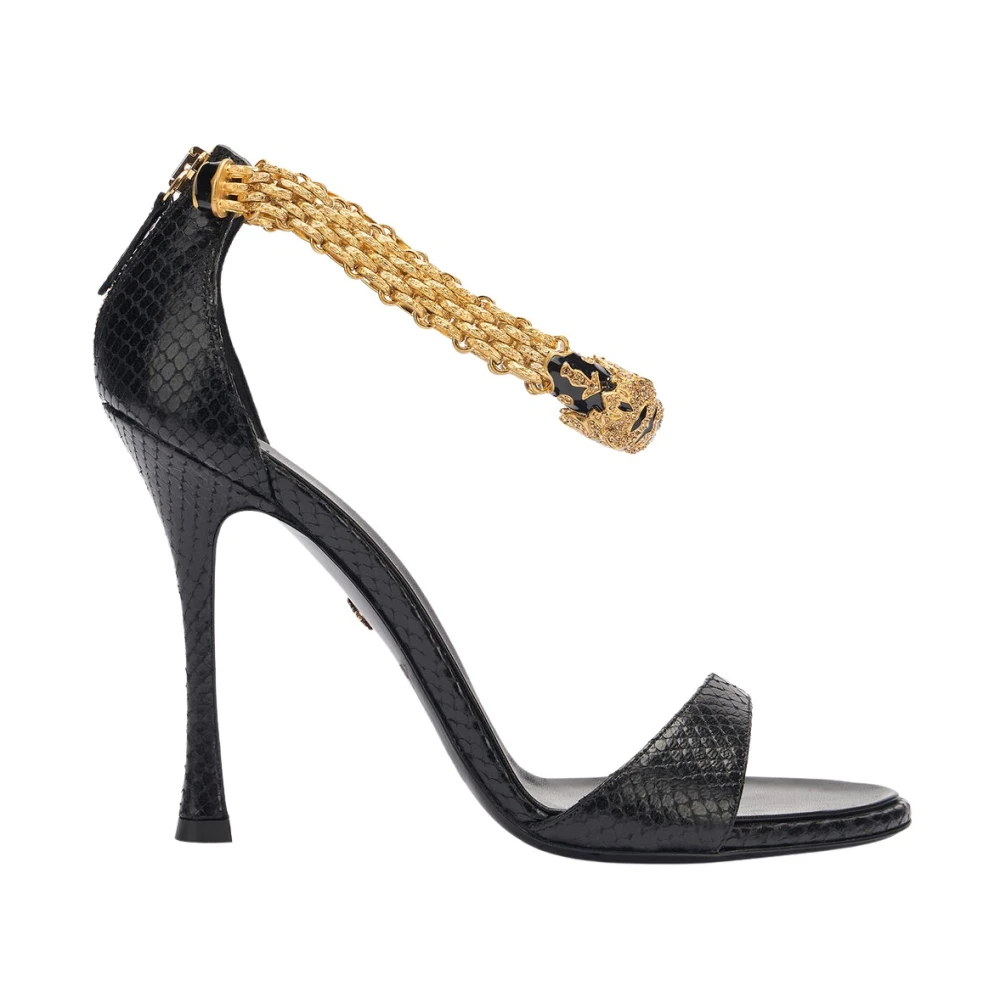 Roberto Cavalli Women's Black High Heel Sandals, 4 Uk, Tiger Head Metallic Leather Sandals