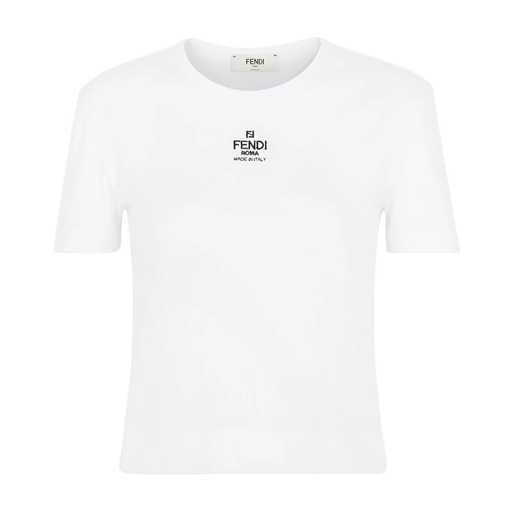 Fendi Women's White T-Shirts, M, Ribbed Cotton Cropped Top