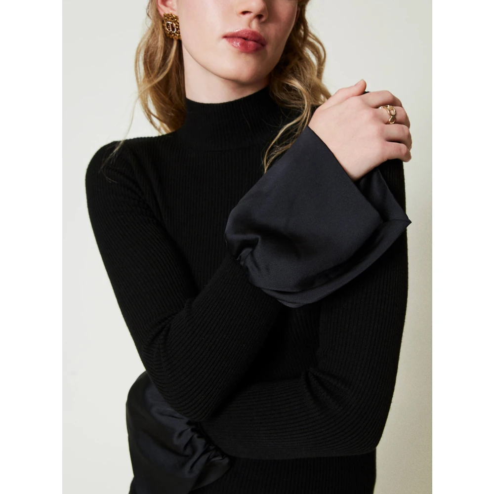Twinset Zwarte Geribbelde Trui met Satijnen Ruche Black Dames