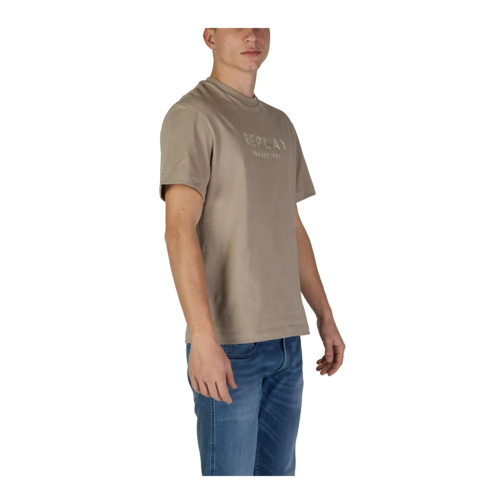 Replay Effen katoenen T-shirt met ronde hals Beige Heren