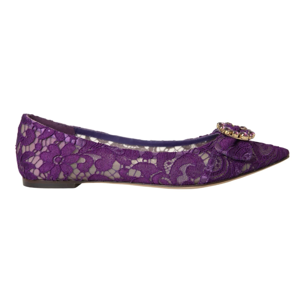 Dolce & Gabbana Women's Purple Ballerina Shoes, 3 Uk, Lace Crystal Loafers Shoes