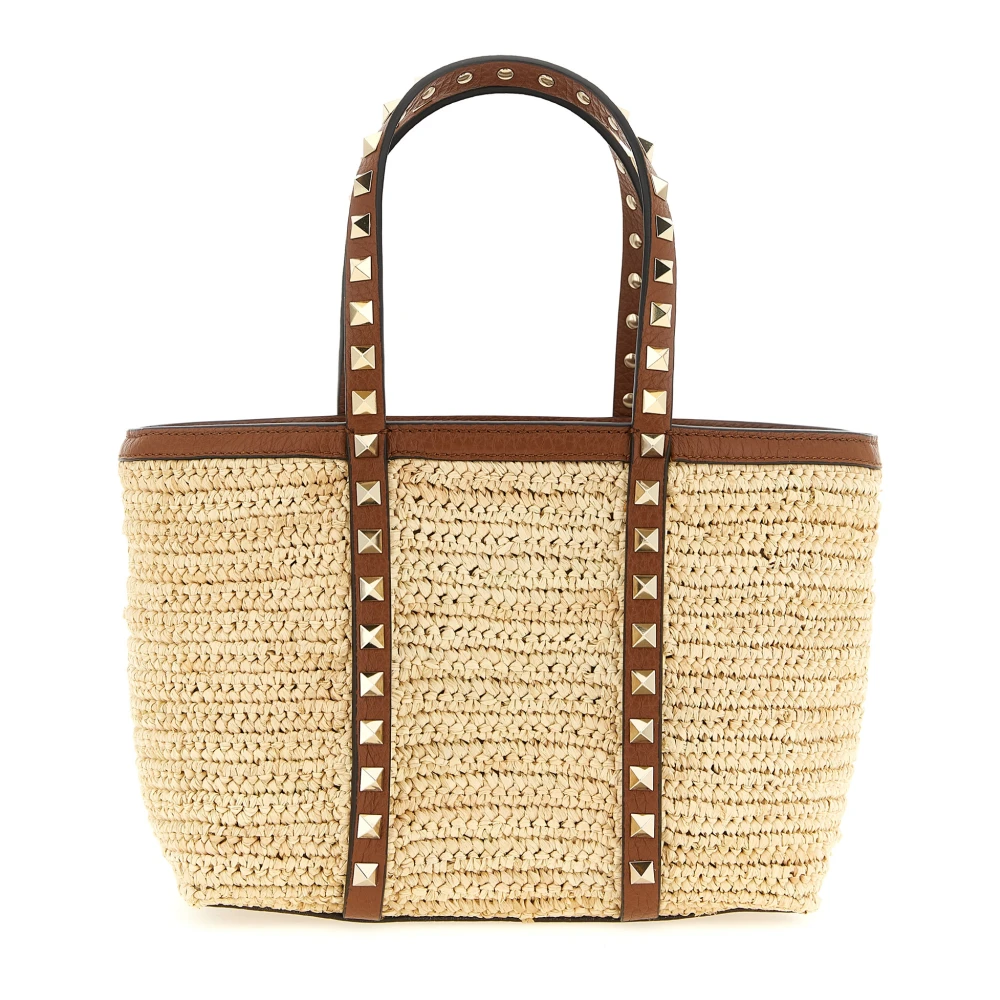 Valentino Garavani Women's Beige Mini Rockstud Shopping Bag In Raffia - Shopping Bags - One Size - Bags